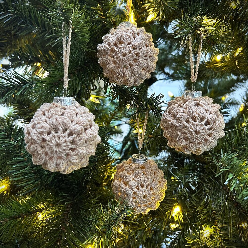 Set of 4, Hand Made Off White Crochet Christmas Tree Ornaments, Bulbs, 2.75"